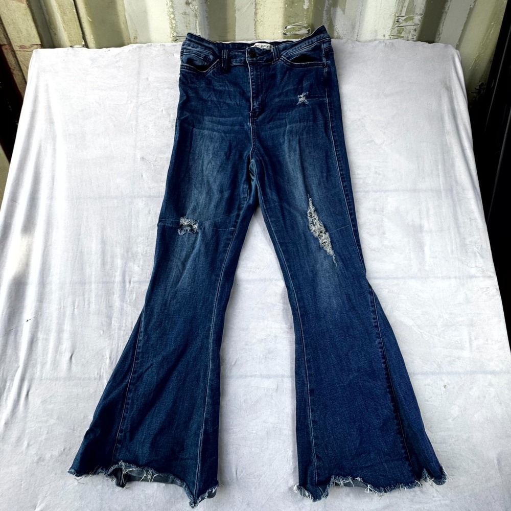 YMI Flared Jeans Womens 13/31 Blue Denim Distressed Medium Wash Pockets Raw Hem